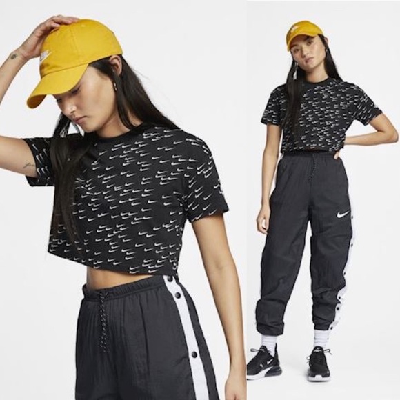 Nike Allover Swoosh Crop Top Tee T-Shirt Essential Short Sleeve Logo Print Med - Picture 1 of 7